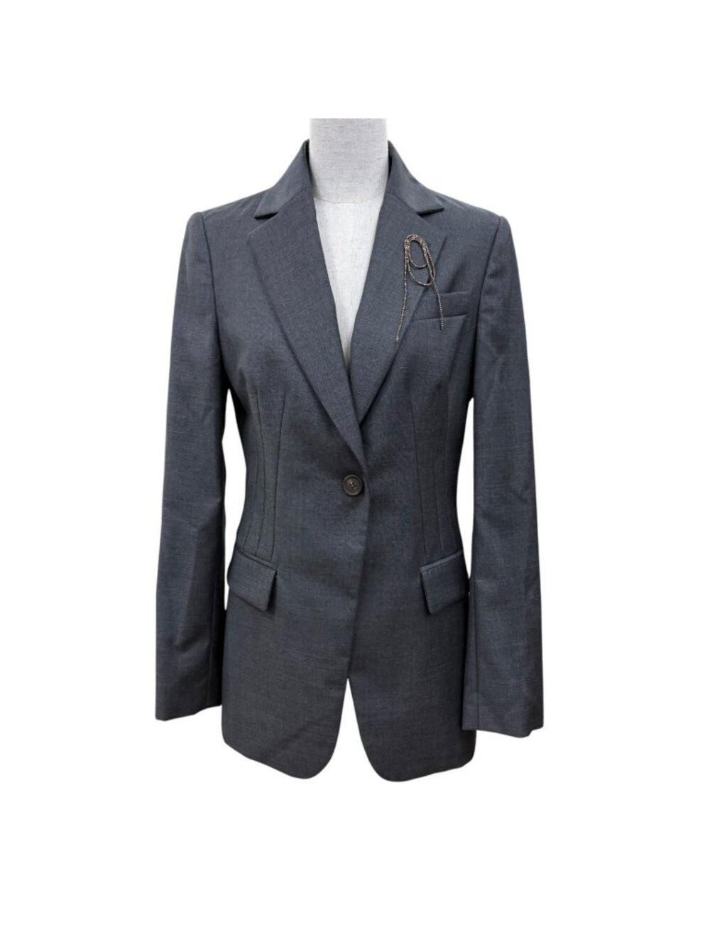 Brunello Cucinelli Virgin Wool 100% Monile with Pin Badge Tailored Jacket Gray